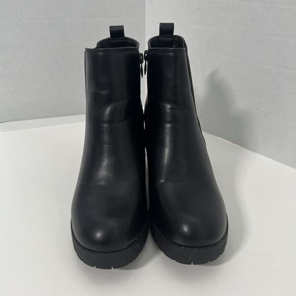 Moda Chics Black Booties Size 8 Chunky Heel Lug Sole Biker Fleece Lined - Picture 5 of 13